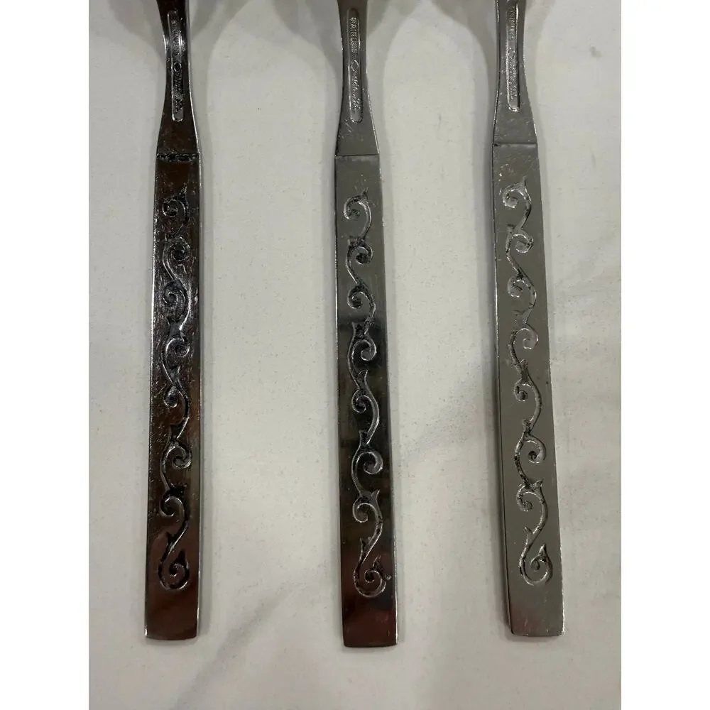 VINTAGE Oneida Spanish Court Salad Forks Set of 6 Stainless Black Scroll MCM